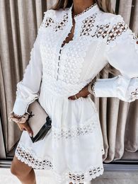 Casual Dresses Summer White Mini For Women Hollow Out Lace Patchwork Long Sleeve Dress Elegant Robe Ladies Holiday Vestido