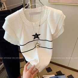 Women's Sweaters 2023 Summer Star Embroidery Casual Pullovers for Women Korean Fashion Ruffles Knitted Short Sleeve Tshirt Vintage Sweater 230831