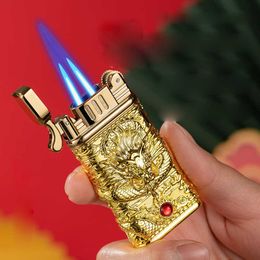 Metal Carving Dragon Grinding Wheel Butane No Gas Lighter Dual Blue Flame Straight Outdoor Windproof Turbo Jet Cigar Gift VVQ3