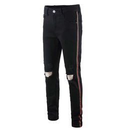 2020 Jeans skinny da uomo Piping Casual Slim Denim Ginocchia Fori Pantaloni strappati di alta qualità 2145