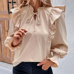 Women's Blouses Round Neck Ruffle Trim Elegant Blouse Women Slim Fit Long Sleeve Solid Color Tied Front Commuted Shirts Autumn 2023