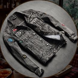 Men's Jackets European and American punk jean jacket men's trend label ripped slim gray riding casual clothes men 230831