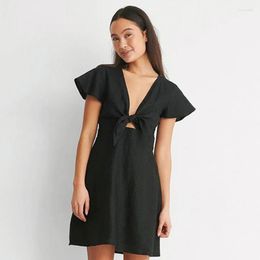 Casual Dresses Pink Linen Dress Summer For Women 2023 Elegant Bow Deep V-neck Green High Waist Sexy Hollow Mini