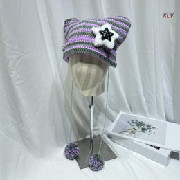 Beanie Skull Caps Y2K Gothic Knitted Ear Hat Harajuku Little Devil Striped Women Windproof Winter Handmade Beanie Female Hats 230831