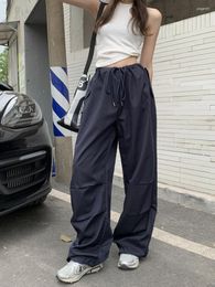 Women's Pants Navy Blue Loose Straight Leg Long Pant With Pocket Y2k Korean Clothing Drawstring Sweatpant Summer Cargo Trouser Harajuku