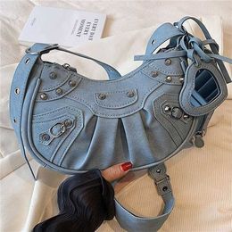 Women's 2023 New Locomotive Underarm Versatile Rivet Three in Spicy Girl One Shoulder Oblique Cross Fold Bag Cheap Outlet 50% Off