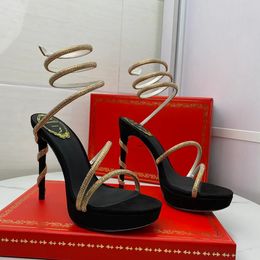 2023 Platform Sandals Womens Dress Shoes High Heeled Ankle Wraparound Shoe Embellished Snake Strass Stiletto120mm Luxury Designers Crystal Chandelier Sandal