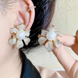 Stud Earrings Exaggerated Three-dimensional Zircon Inlaid Flower Pearl In Europe And America Trendy Relief Texture Retro French Jewellery