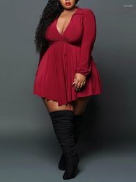 Plus Size Dresses Pullover Long Sleeve High Waist Solid Color Deep V-strap Red Dress Women Clothing Party