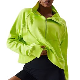 Outdoor running fitness half zip high neck windproof warm loose women sports long sleeve hoodie