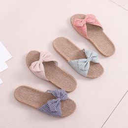 Slippers Women Summer Casual Slides Comfortable Flax Striped Bowknot Linen Non-Slip Sandals Ladies Indoor Breathable Flat Shoes