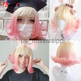 Cosplay Wigs Aosiwig Synthetic Lolita Wig With Bangs For Women Short Straight Cosplay Anime Curly Natural Hair Costume Bob Blonde Pink Wigs x0901