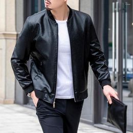 Men's Jackets Men Coat Crack Stand Collar Solid Color Long Sleeve Faux Leather Zipper Ribbed Cuff Jacket Streetwear