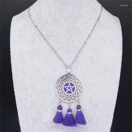 Pendant Necklaces Witchcraft Pentagram Dream Catcher Stainless Steel Tassel Purple Silver Color Charm Jewelry Collares Mujer NXS02