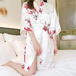 Women's Sleepwear Print Floral Rayon Nightgown Sexy Lady Kimono Robe Gown Casual Night Dress Nightwear Summer Bathrobe Home Clothing