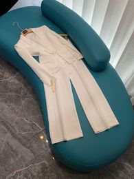 2023 Autumn White Solid Color Two Piece Pants Sets Long Sleeve Lapel Neck Lace Panelled Blazers & Panelled Wide Leg Trousers Pants Suits Set Two Piece Suits O3G302190
