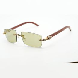 New cool sunglasses 3524031 with Blue bouquet diamond and natural original wooden legs 57 mm cut lens