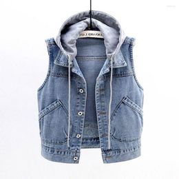 Women's Vests Denim Vest Spring Autumn Clothes Sleeveless Wild Tops Short Hooded Jacket Women Jeans Female