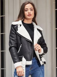 Women's Leather 2023 Autumn Winter Coat Women Integrated Warm Suede Jacket European American With Belt Lapel Faux Fur