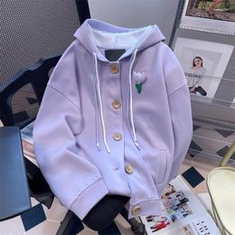 Women's Hoodies EBAIHUI Sweater 3D Flower Long Sleeve Ladies Cardigan Autumn Purple Sweet Pocket Design Korean Loose Hooded Coat