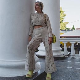 Women's Two Piece Pants Crochet Women 2 Piece Set Hollow Out Full Sleeve O Neck Crop TopsElastic Straight Pants Elegant Streetwear Matching Suits 230831