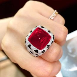 Wedding Rings Emerald Green Ruby Red Sapphire Blue Agate Zircon Leopard Black Print Ring with Big Stone Adjustable Size Women Party Jewelry 230831