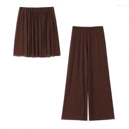 Women's Two Piece Pants Summer Suit Women 2023 Casual Smocked Pleated Top Elastic Waist Silk Net Wide Leg Trousers Loose Two-Piece Set
