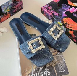 Sandals Sandals Designer fashion slippers women's slippers rhinestone Denim flat bottom slippers feet pad sheepskin metal buckle summer women's shoes 35-43-1