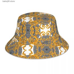 Wide Brim Hats Bucket Hats Baroque Gold Colour With Greek Reflective Bucket Hat Summer Hats Fisherman Hat Foldable Women Men Sunscreen Shade Caps T230731