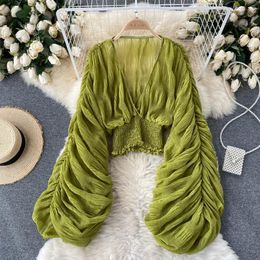 Summer Sexy Draped Chiffon Women's Blouses For Women Elegant V-Neck Puff Long Sleeve Short Tops Female Slim Party Female 2023235p