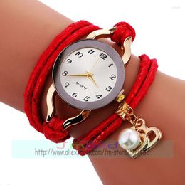 Wristwatches 100pcs/lot Fashion Lady Wrap Around Leather Watch Heart Pearl Pendant Weave Quartz Casual Wristwatch Wholesale Clock