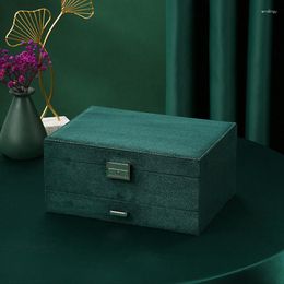 Jewelry Pouches High Quality 3-Layers Green Velvet Organizer Large Earring Necklace Makeup Holder Cases Flannel Jewellery Box With Lock