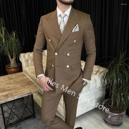 Men's Suits 2 Pieces High Quality Brown Striped Double Breasted Male Sets Business Casual Wedding Groom Groomsmen Clothing