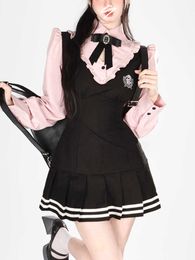 Summer Pink Sweet Kawaii Dres Long Sleeve Korean Elegant Mini Dress Female College Style Fake Two Piece New 230808