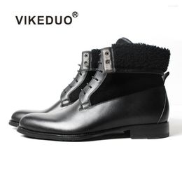 Boots Vikeduo 2023 Handmade Black Classic Male Boot Fashion Casual Luxury Heel Genuine Leather Shoes Ankle Snow Winter Fur Men