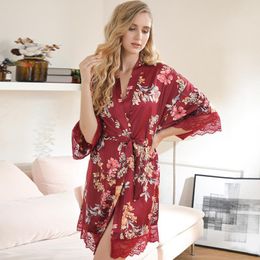 Women's Sleepwear Thin Sexy Bathrobe Morning Gown Imitation Silk Nightgown Spring Summer Fashion Short Sleeve V-neck Printed Home Pyjamas