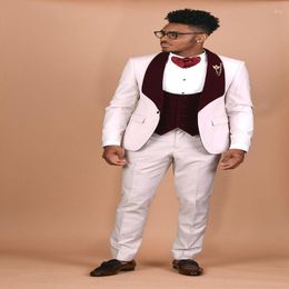 Men's Suits 2023 Selling Burgundy Shawl Collar Design White Custom Made One Button Business Casual Blazer 3 Pieces Skinny