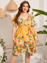 Casual Dresses Oversized 4xl 5xl Midi Dress Women 2023 Summer V Neck Short Sleeve Floral Print Yellow For Y2k Korean Beach