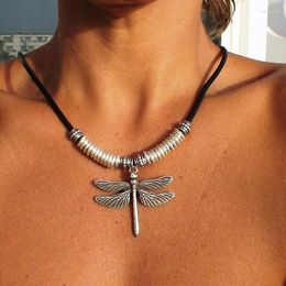 Pendant Necklaces Literary Retro CCB Alloy Beads Exaggerated Metal Dragonfly Women Bohemian Ethnic Style Leather Cord Necklace Jewelry