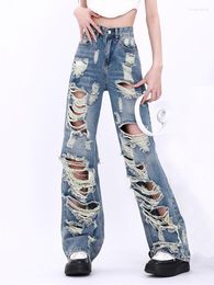 Women's Jeans Streetwear Straight Pants Ladies Ripped High Waist Loose Wide Leg Denim Trousers Y2K Summer Street