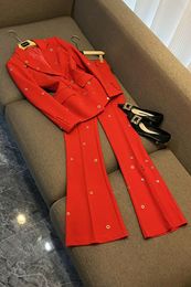 2023 Autumn Red Metal Hole Slim Two Piece Pants Sets Long Sleeve Notched-Lapel Single-Breasted Blazers Top & Flare Trousers Pants Suits Set Two Piece Suits O3G302676