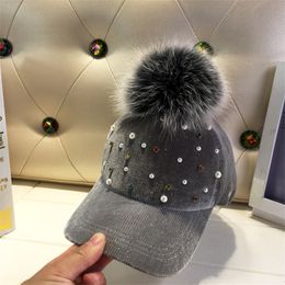 Ball Caps Women Hat Winter Warm Corduroy Visors Cap with Real Big fur ball 230831