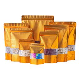 Gold Stand Up Embossed Aluminum Foil Self Seal Bags With Window Mylar Foil Plastic Pouch Nuts Sachet Zipper Reclosable LX4494