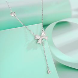 Silver necklace female China-Chic minority bow pendant full of diamonds tassels temperament personality collar chain Jewellery