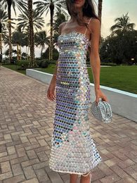 Basic Casual Dresses Luxury Spaghetti Strap Sleeveless Sling Cocktail Dres Sequins Skinny Dresses Summer Backless Party Club Dress Streetwear 230831