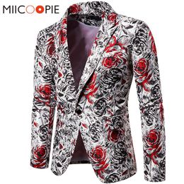 Luxury Men Suit Jacket Floral Blazer Masculino Rose Printed Evening Dress Casual Blazer Men Single Button Slim Fit Jacket297f