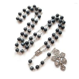 Pendant Necklaces QIGO Cross Rosary Necklace Retro Black Stone Beaded Catholic Pray Jewellery For Men Women