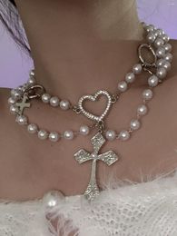 Pendant Necklaces Korean Fashion Sweet Cross Necklace Girls Shiny Love Heart Pearl Beads Chains Choker For Women Jewelry