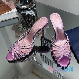 Slippers Sexy Purple Hollow Crystal Belt High-heel Leather Peep Toe Stiletto Dress Shoes Large Size Women's Summer Wedding