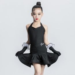 Stage Wear Kids Latin Dance Costumes Black Halter Dress Girls Ballroom Competition Clothes Practise SL8042